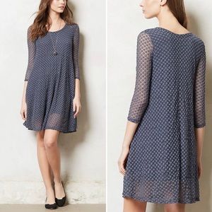 Anthropologie Blue Long Sleeve Mesh Polka Dot Dress